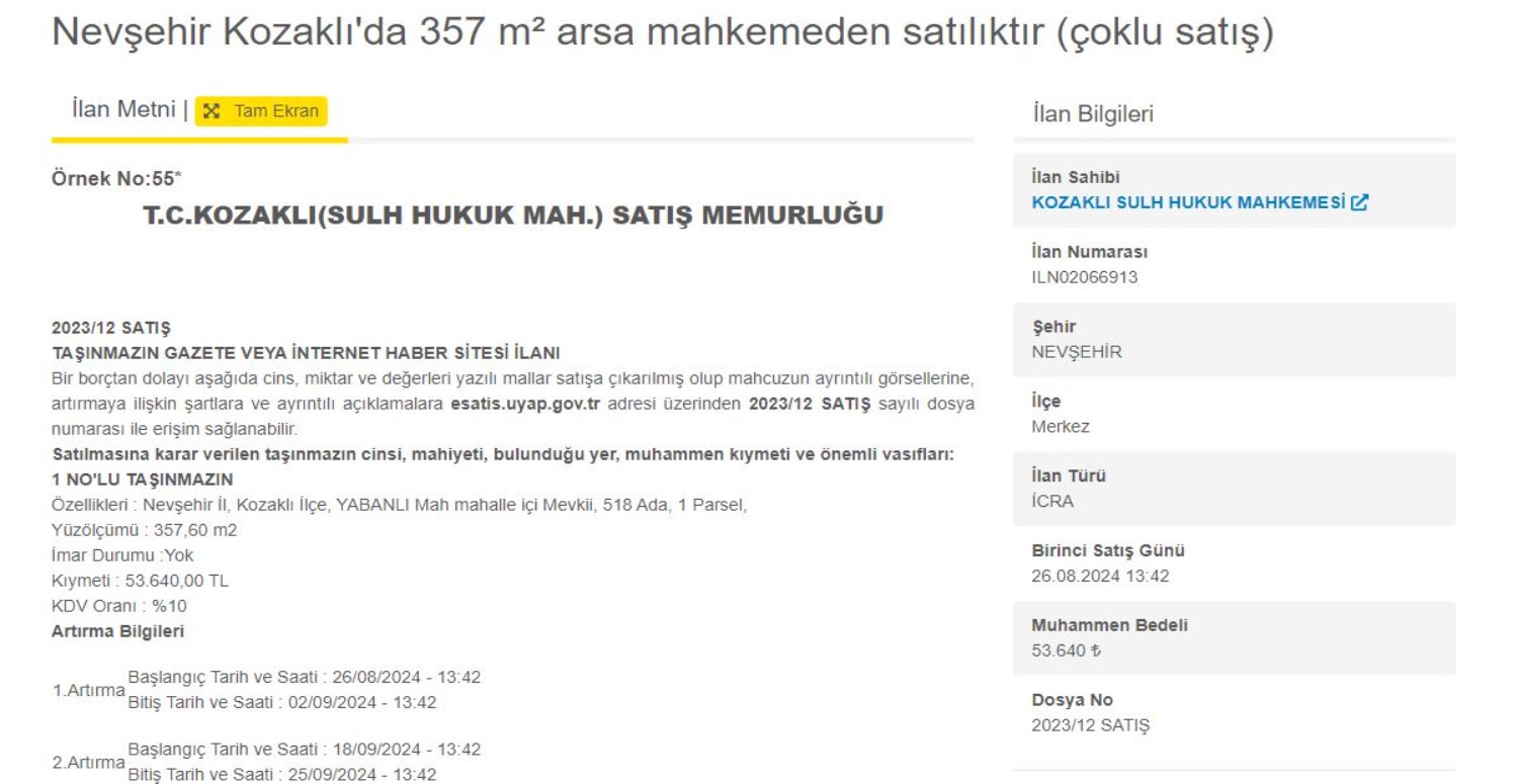 Nevşehir Kozaklı'da 357 m² arsa