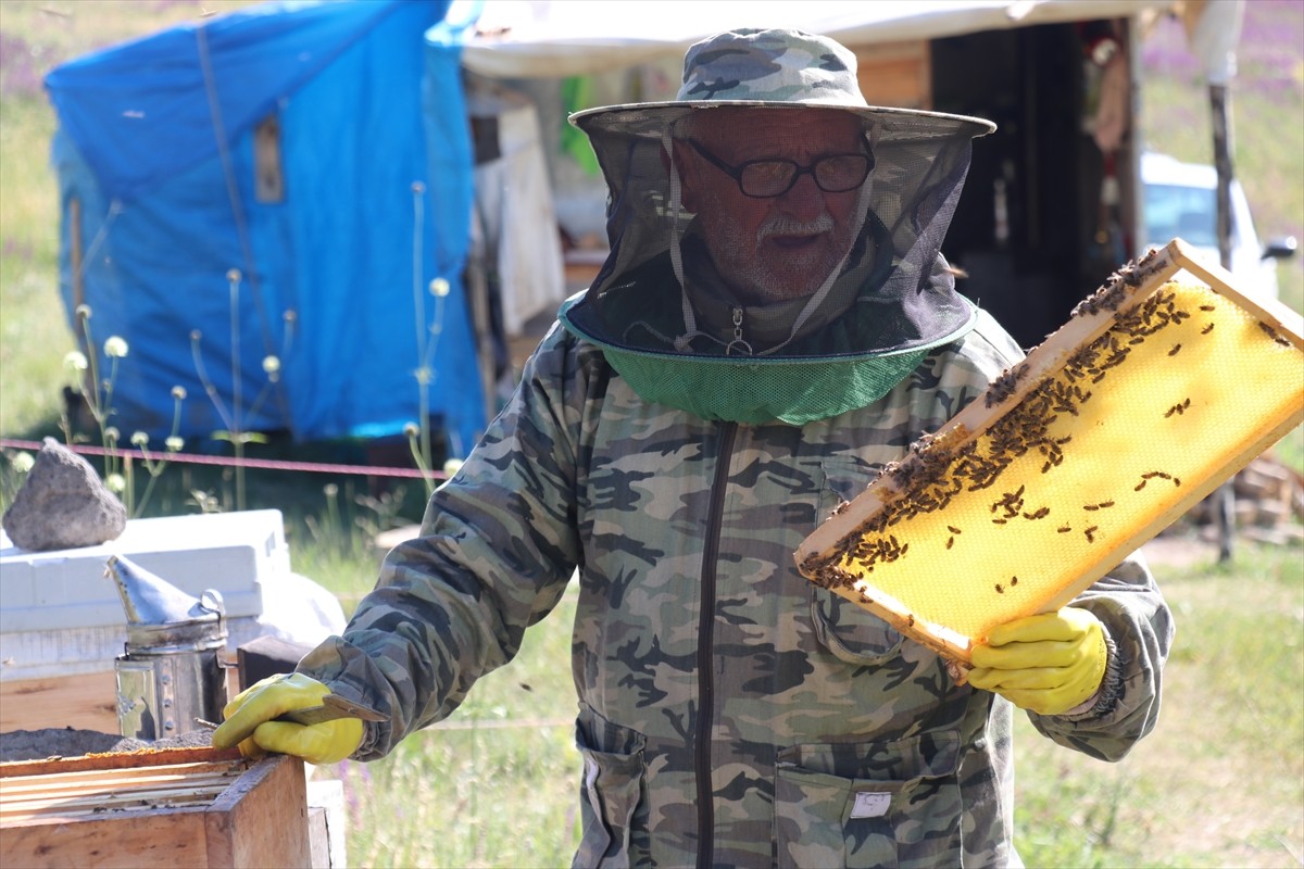 Erzurum'da, kovanlarının bulunduğu Güzelova Yaylası'nda, kovanlarının bulunduğu bölgedeki evinde...