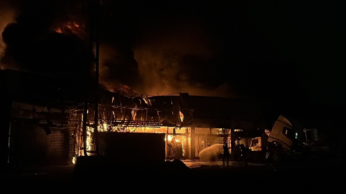 Hatay'ın Payas ilçesinde lastik deposunda çıkan yangına müdahale ediliyor.