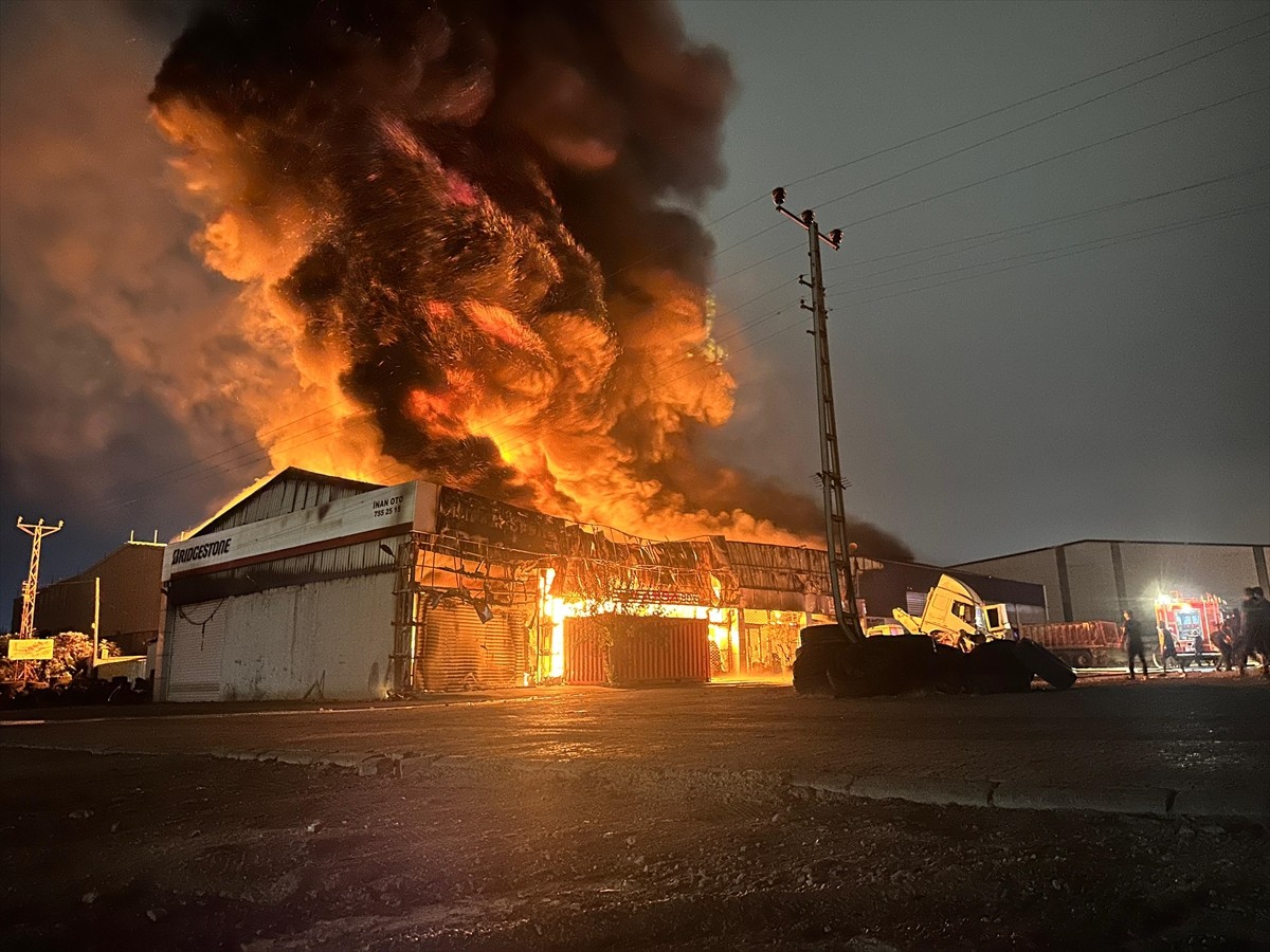 Hatay'ın Payas ilçesinde lastik deposunda çıkan yangına müdahale ediliyor.