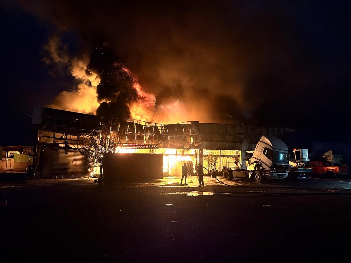 Hatay'ın Payas ilçesinde lastik deposunda çıkan yangına müdahale ediliyor.