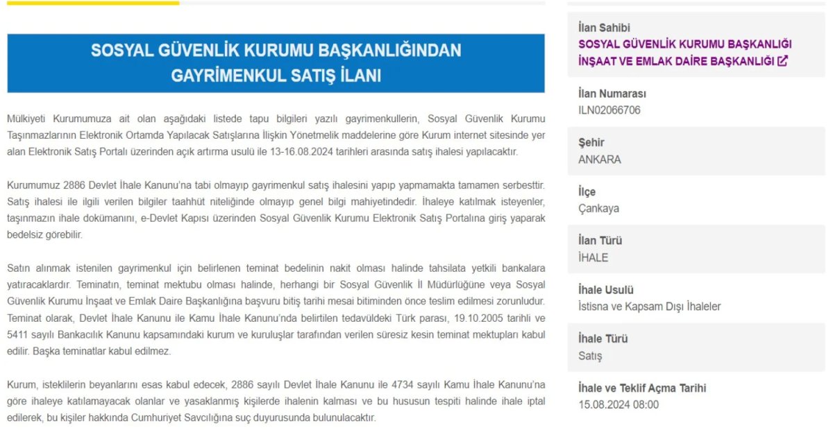 SGK ihale ilanlarını yayımladı. Konut, ticari alan ve park alanları listede. 750.000 TL den başlıyor.