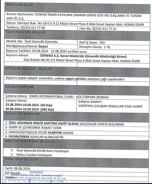 İZENERJİ Mezuniyet Şartsız Kadın/Erkek 350 Güvenlik Görevlisi Alıyor