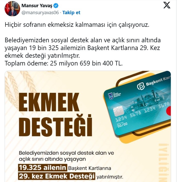 Ankara Büyükşehir Belediyesi’nden Ekmek Desteği Projesi