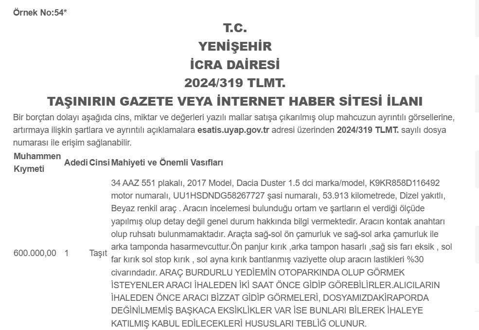 Bursa Yenişehir İcra Dairesi'nden 2017 Model Dacia Duster Satışı