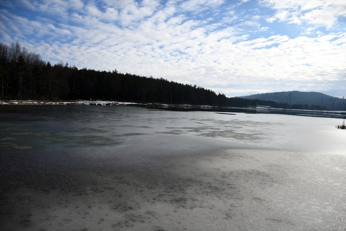 Düzce'nin Kaynaşlı ilçesindeki Topuk Yaylası Göleti'nin bir kısmı buz tuttu.