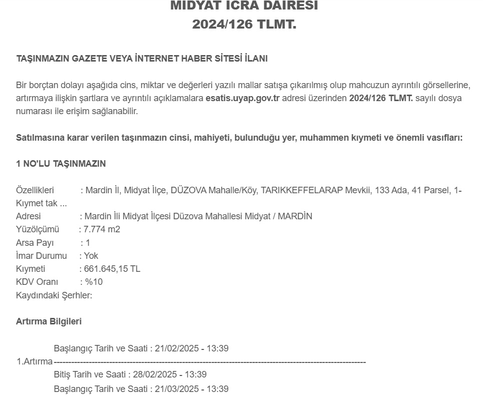 Midyat'ta İcradan Satılık Değerli Araziler