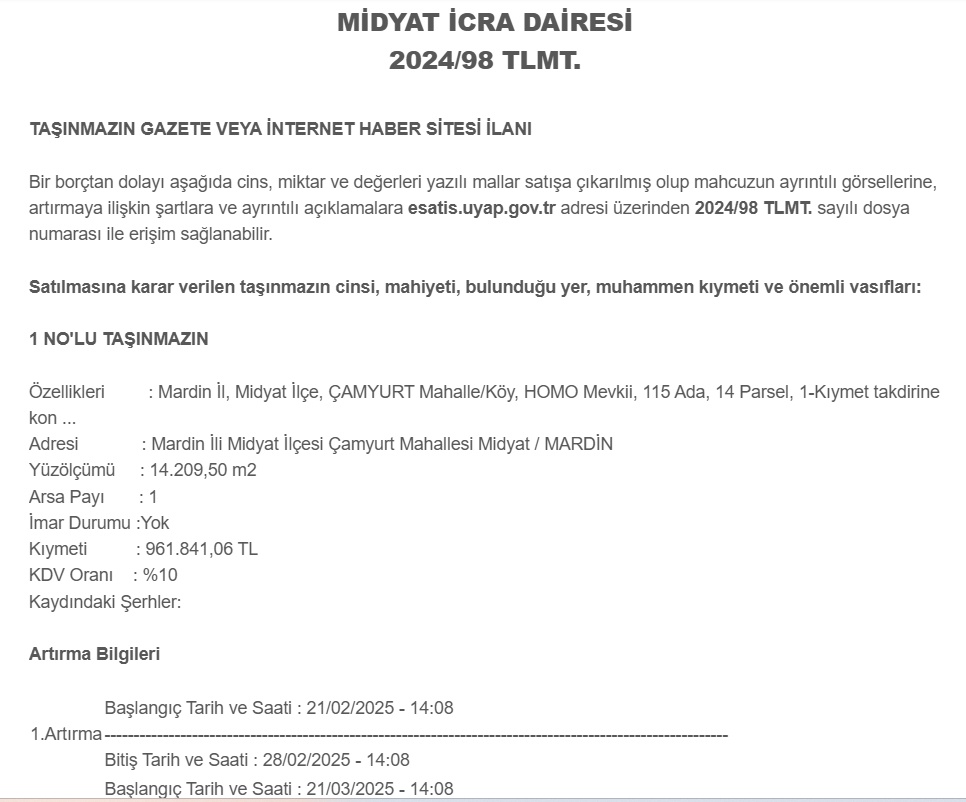 Midyat'ta İcradan Satılık Değerli Araziler