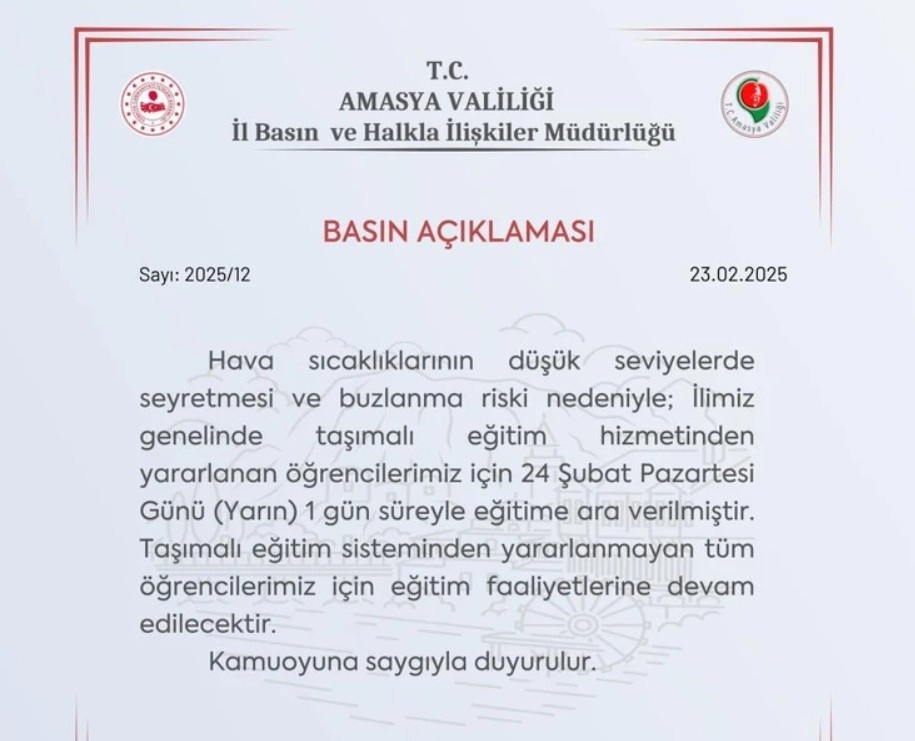 Amasya'da Eğitime Kar Molası: Eğitime 1 Gün Ara Verildi