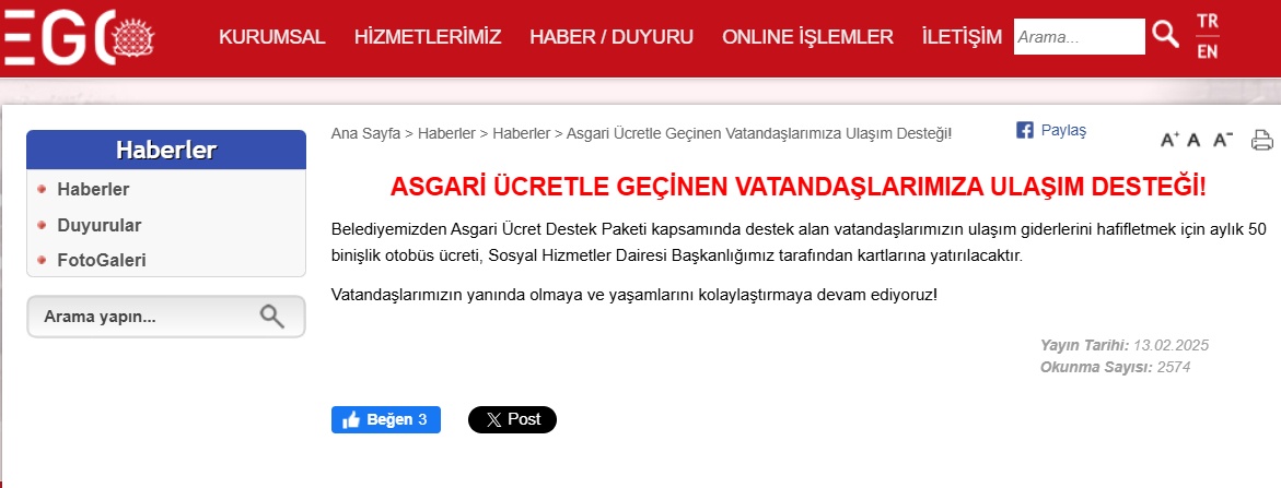 Ankara Büyükşehir Belediyesi'nden Asgari Ücretle Geçinenlere Ulaşım Desteği