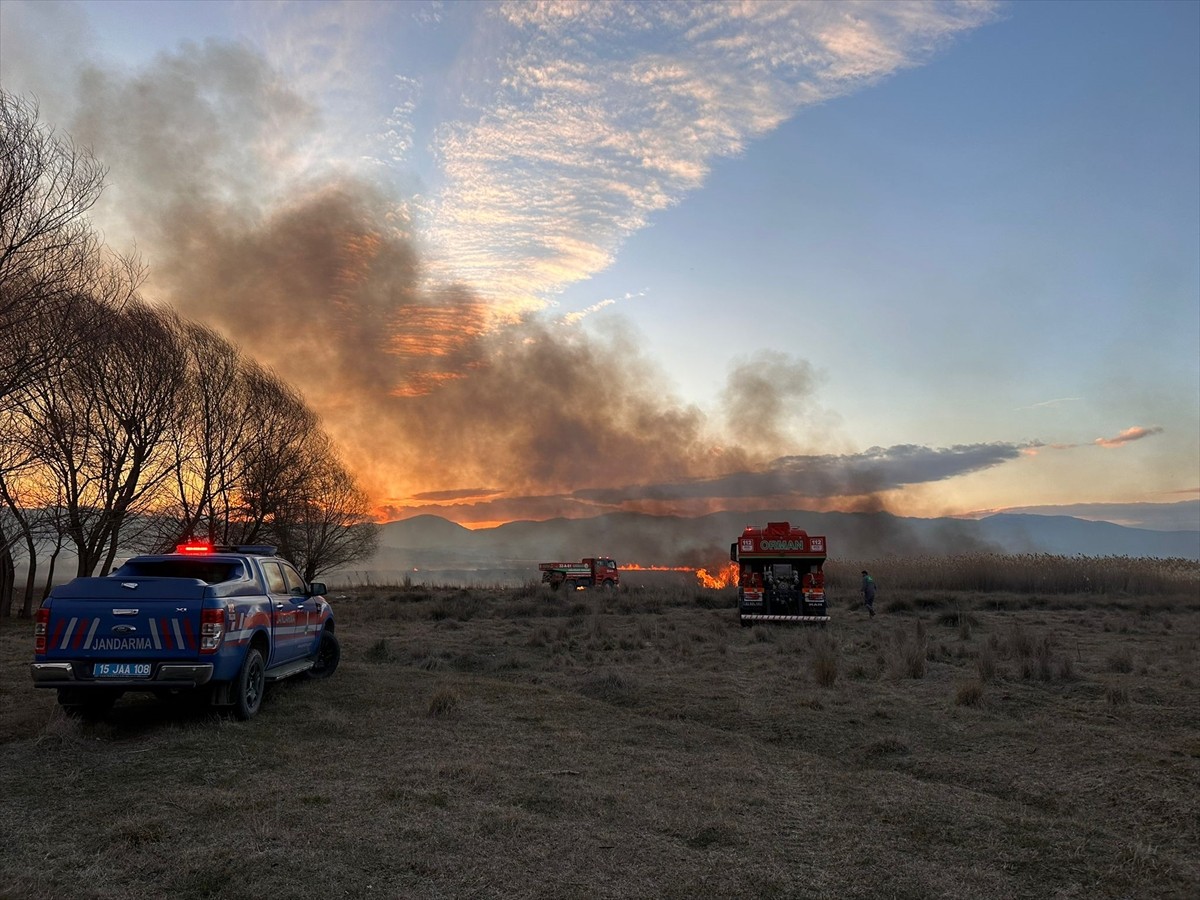 Burdur'un Gölhisar ilçesinde sazlık alanda çıkan yangın, itfaiye ekiplerince kontrol altına...