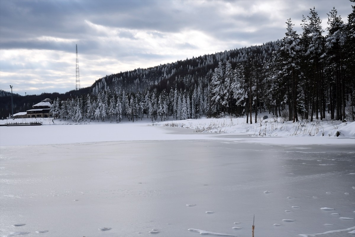Düzce'nin Kaynaşlı ilçesinde kar yağışının ardından beyaz örtüyle kaplanan Topuk Yaylası Göleti ve...