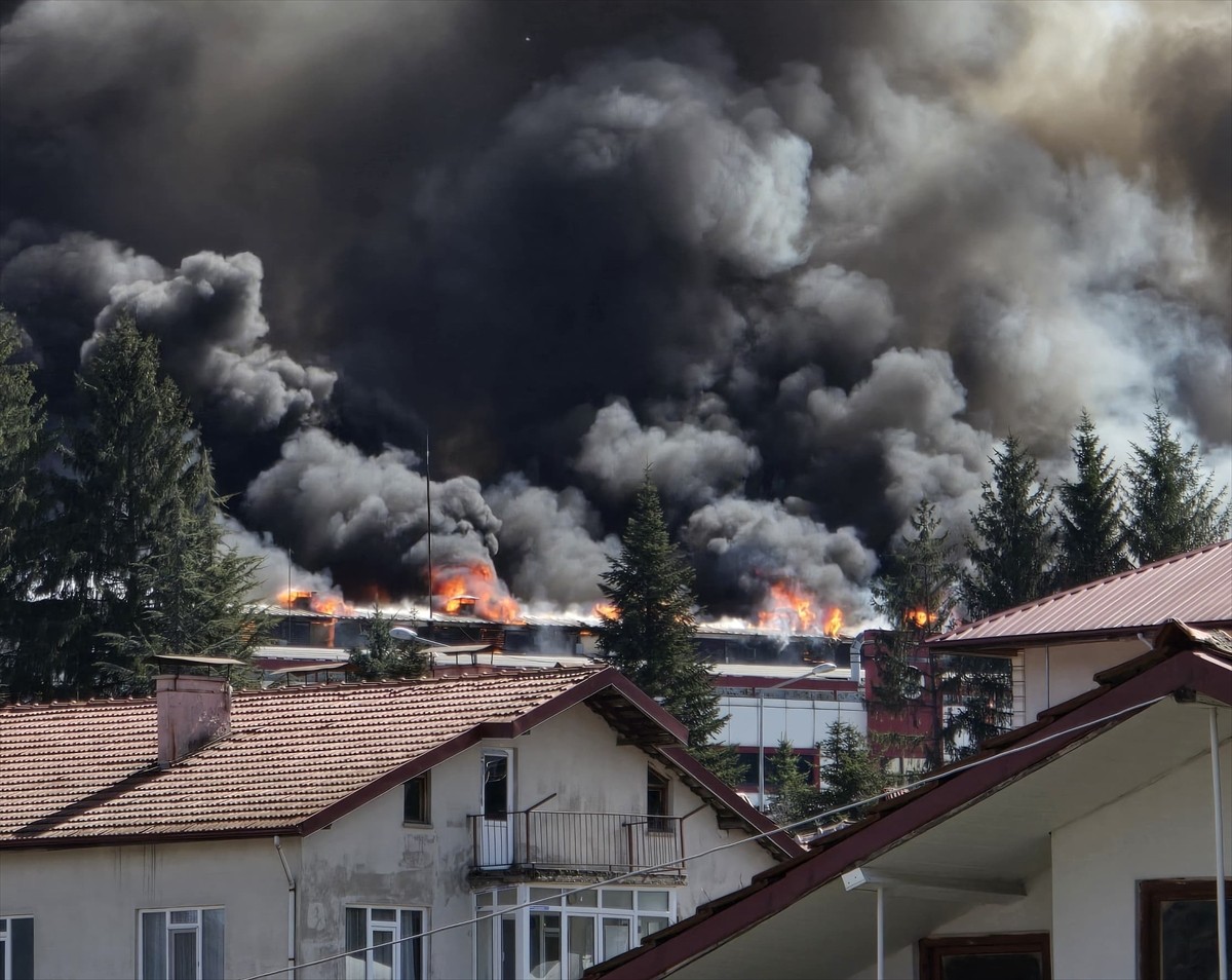 Bolu'nun Mengen ilçesinde orman ürünleri işleme fabrikasında çıkan yangın söndürülmeye...