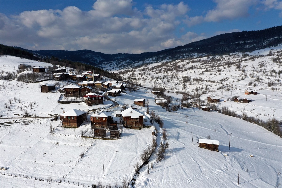 Kastamonu'nun Pınarbaşı ilçesinde bulunan tarihi ahşap evler, beyaza büründü.