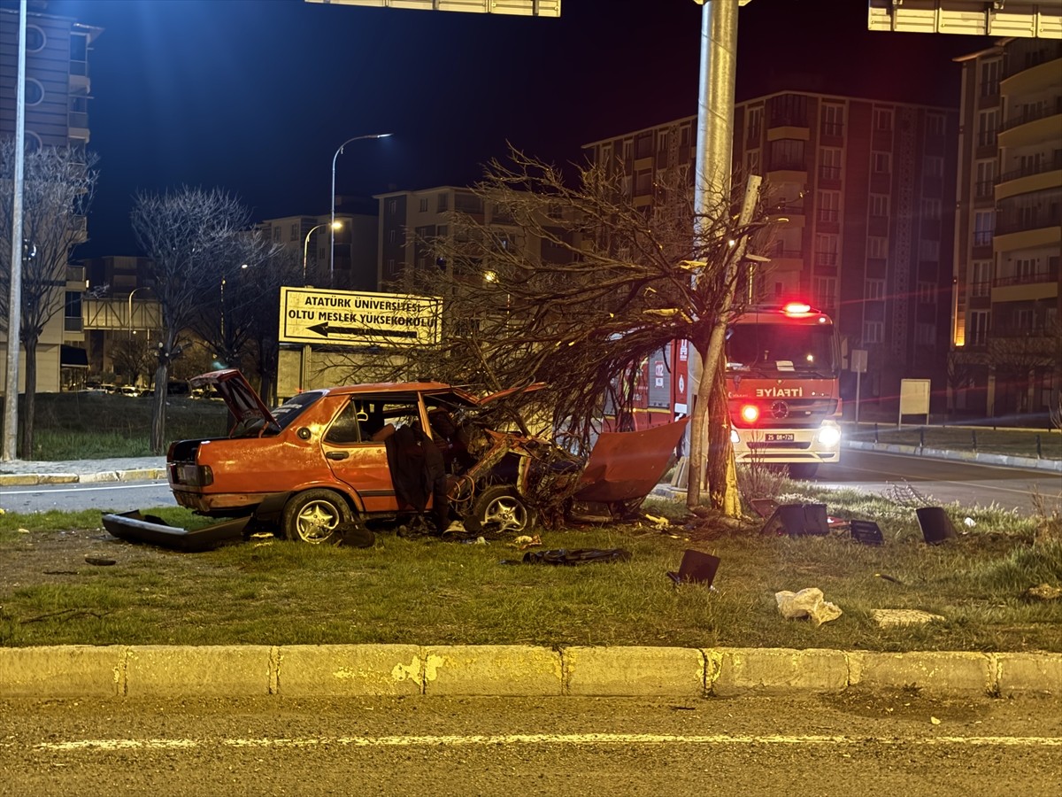 Erzurum'un Oltu ilçesinde refüje çıkarak ağaca çarpan otomobildeki 4 kişi yaralandı.