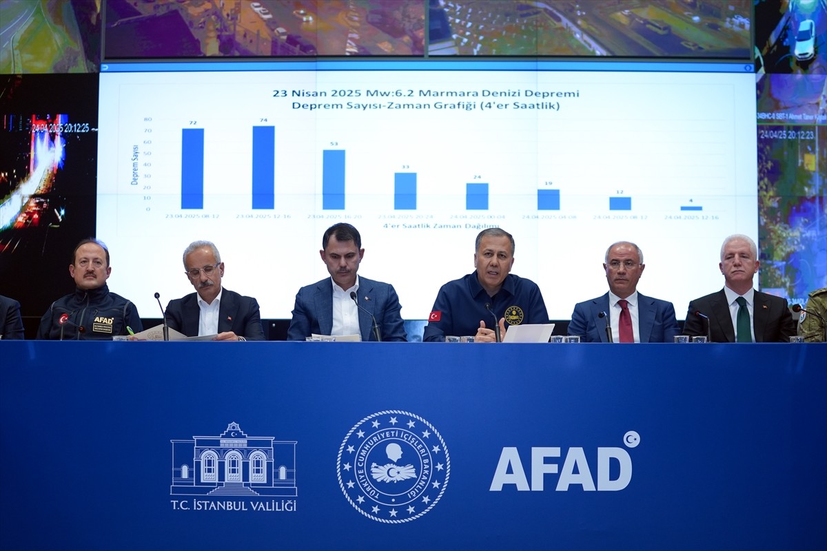 İçişleri Bakanı Ali Yerlikaya (ortada), Hasdal'daki İstanbul İl Afet ve Acil Durum Müdürlüğünde...