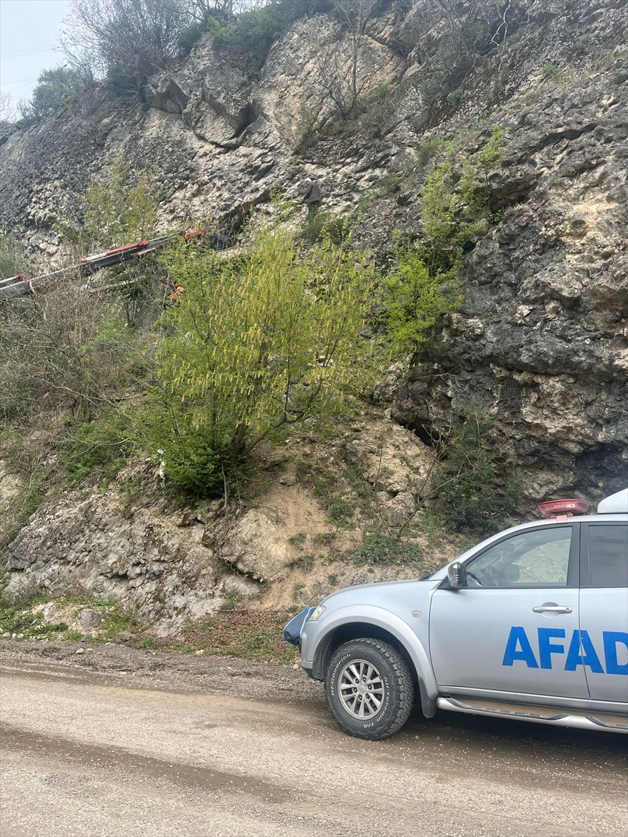 Karabük'te kayalık alana düşen inek vinçle kurtarıldı.