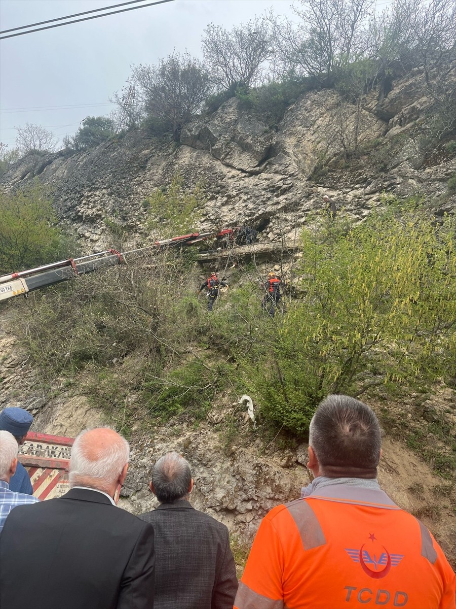 Karabük'te kayalık alana düşen inek vinçle kurtarıldı.