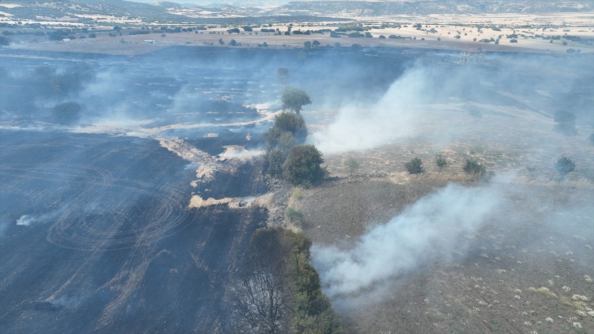 Manisa'nın Kula ilçesinde buğday hasadı yapılan tarlada yangın çıktı, alevler ekiplerin...