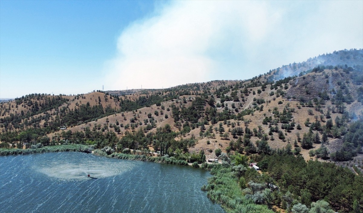 Ankara'da Eymir Gölü yakınlarındaki ormanlık alanda çıkan yangın söndürülmeye...