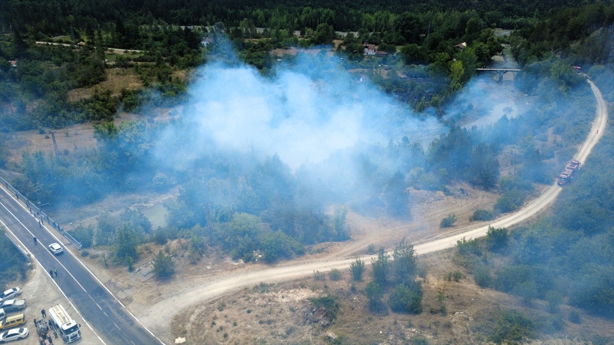 Karabük'ün Safranbolu ilçesinde tarım arazisinde başlayıp ormanlık alana sıçrayan yangın, havadan...