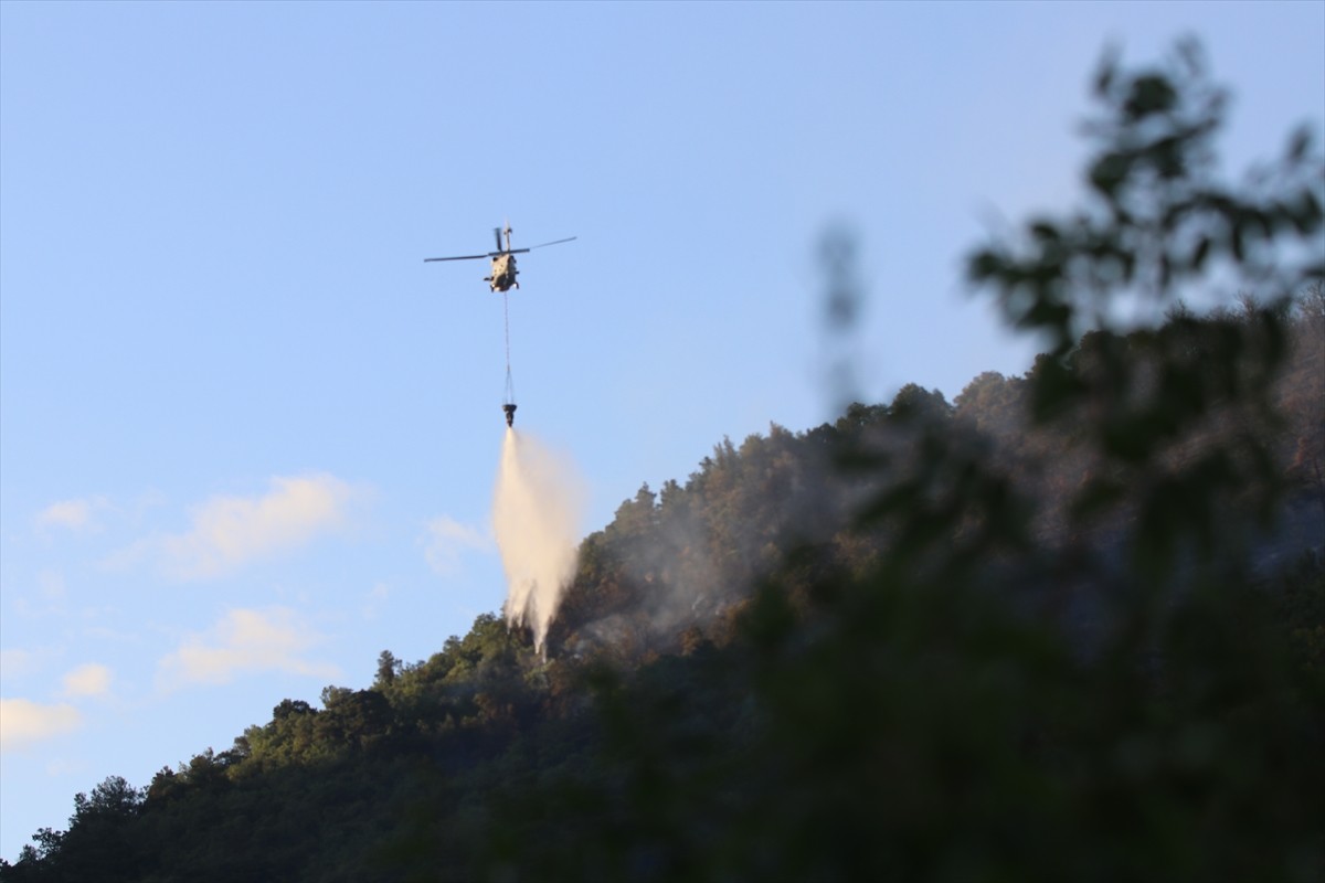 Kocaeli'nin Derince ilçesinde makilik ve ağaçlık alanda çıkan yangını söndürme çalışmaları havadan...