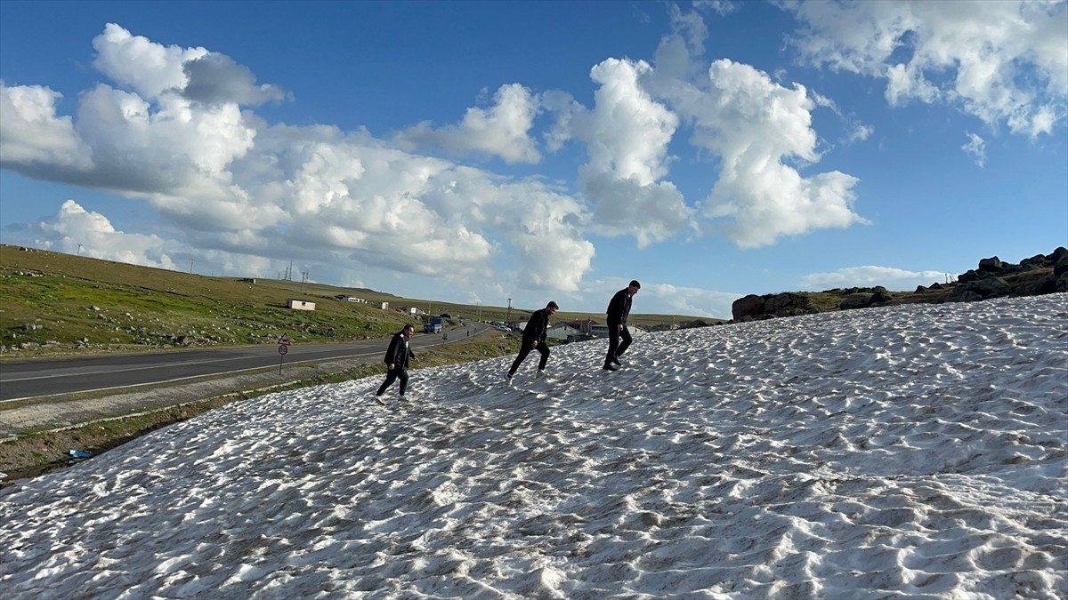 Sıcak havadan bunalanlar, Ardahan'daki karlı zirvelerde serinlemenin keyfini yaşıyor....