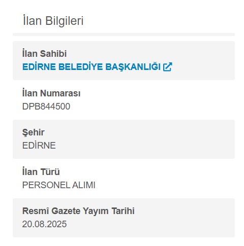 Afyon, Edirne, Gaziantep ve Ankara'da Belediye ve Kurumlara Yeni Personel Alımları (KPSS Taban 60)