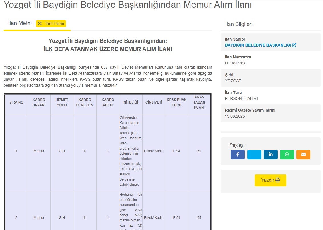 Afyonkarahisar, Yozgat ve Mardin'de KPSS 60 ile memur, zabıta ve itfaiye alımı