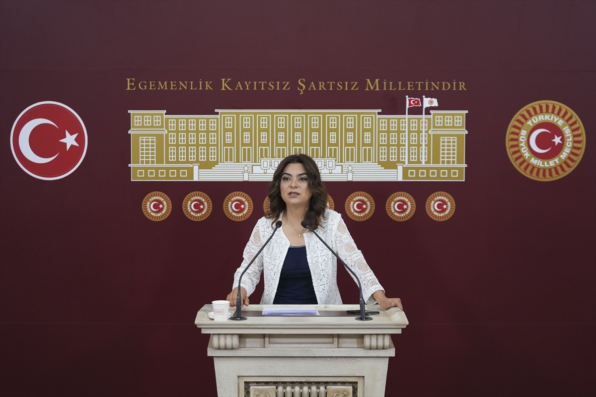 DEM Parti Grup Başkanvekili Gülüstan Kılıç Koçyiğit, Meclis'te düzenlediği basın toplantısında...