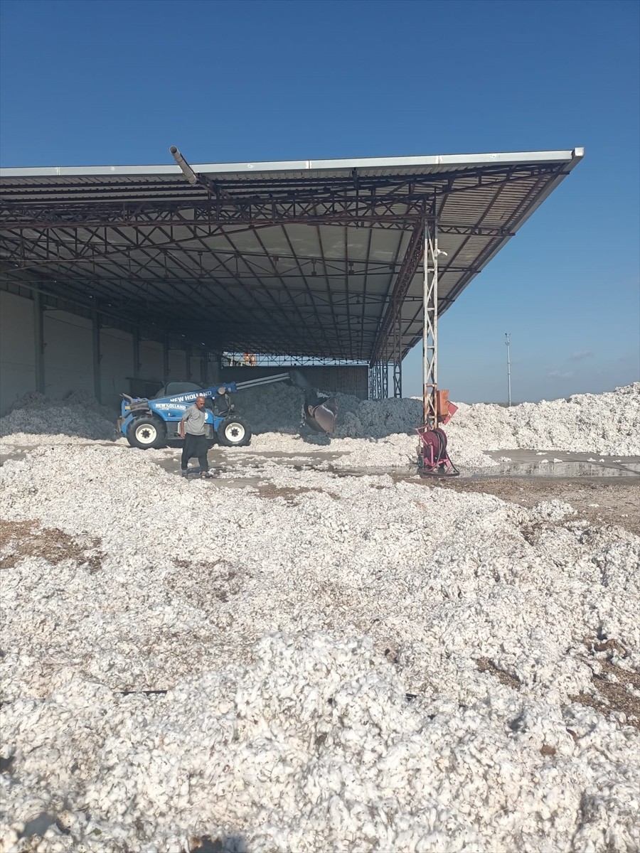 Adana'nın Karataş ilçesinde bir çırçır fabrikasının deposunda çıkan yangına itfaiye ekipleri...