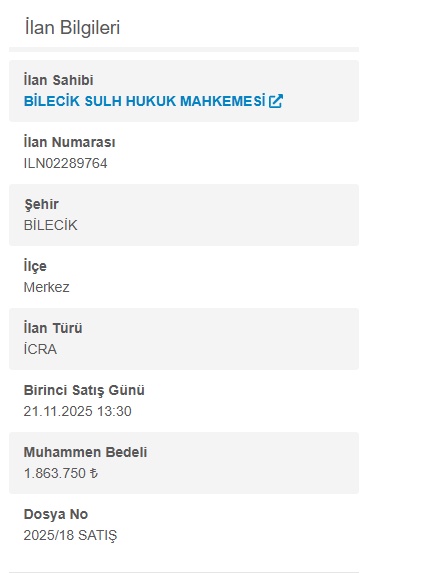 Bilecik'te Mahkeme İhalesi: Merkez ve Gölpazarı'nda Satılık Arsa ve Binalar, İhale Tarihleri Açıklandı