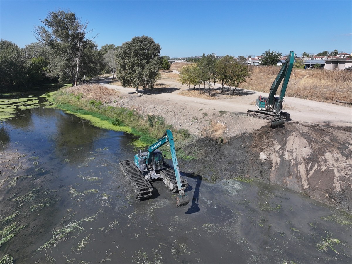 Edirne'de kuraklık ve tarımsal sulamaya bağlı olarak su seviyesi düşen Tunca Nehri'nin yatağında...