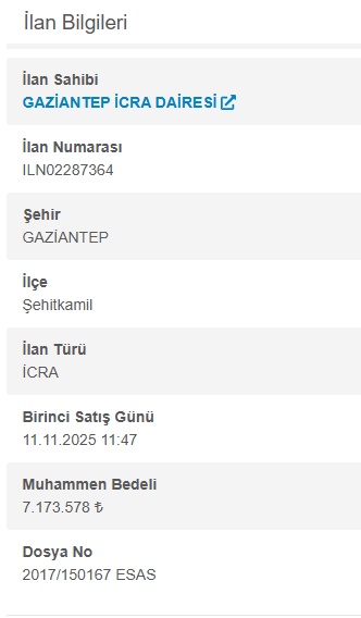 Gaziantep İcra Satışı: 35.867,89 m² Tarla ile 3+1 Daire Açık Artırmada