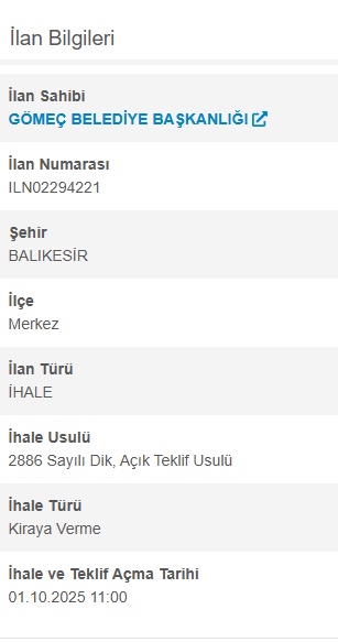Gömeç Belediyesi üç ticari taşınmazı ihaleyle kiraya verecek: Kira 1.800–9.500 TL