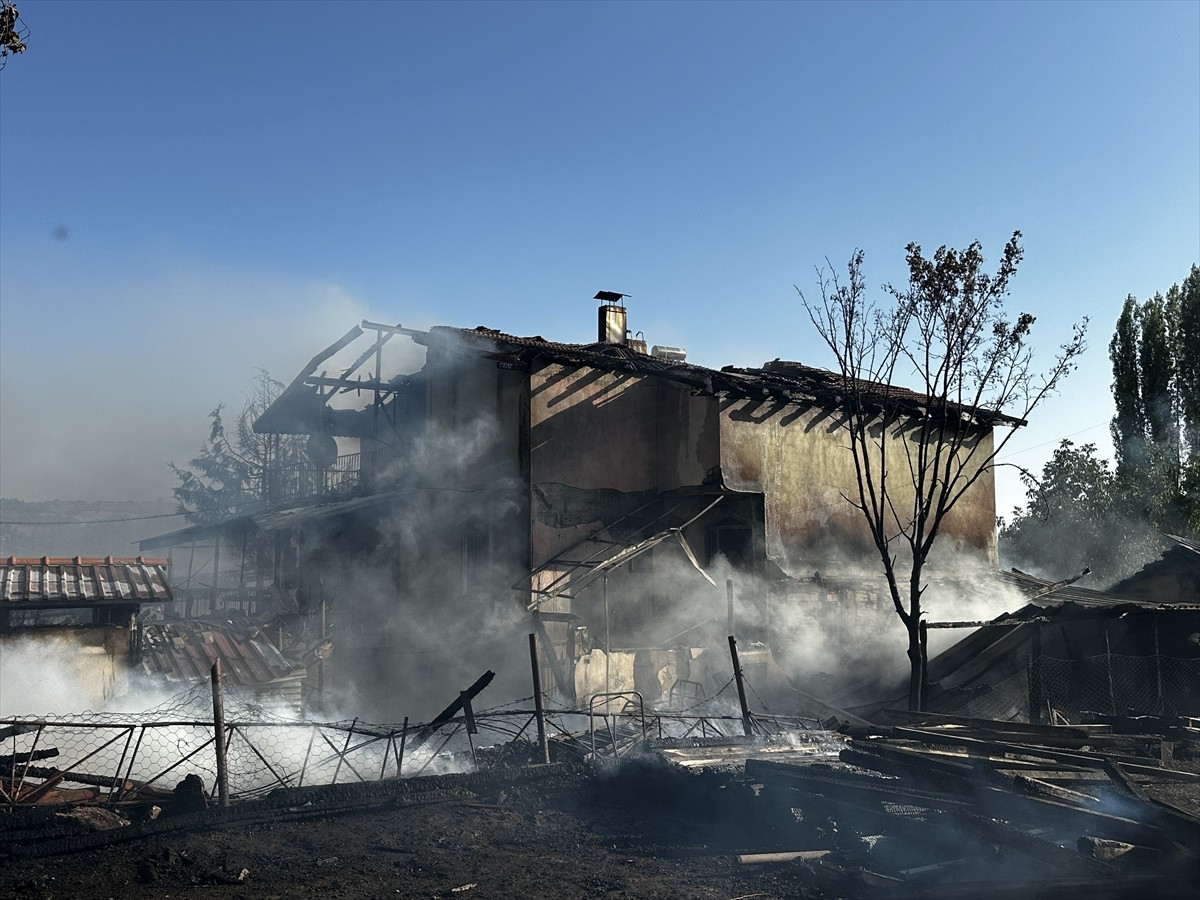 Uşak'ta otluk alanda çıkan yangında, 2 katlı ev ve ahır kullanılamaz hale geldi.