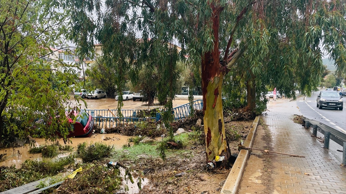 İzmir'in Foça ilçesinde etkili olan sağanak nedeniyle dere taştı, bazı ev ve iş yerlerini su...