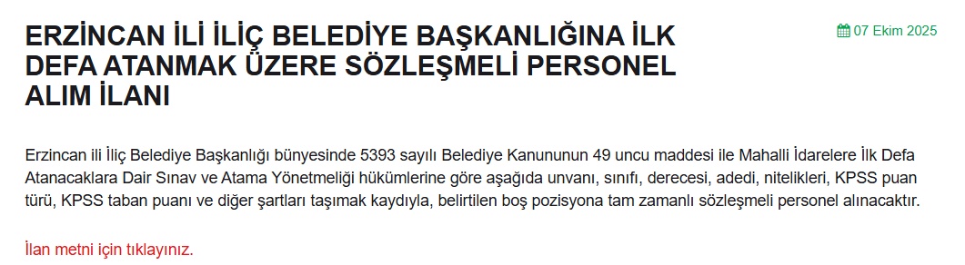 Sarıyer ve İliç Belediyelerine Personel: KPSS 65 Puanla Zabıta ve Ekonomist Alımı
