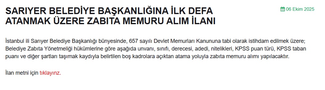 Sarıyer ve İliç Belediyelerine Personel: KPSS 65 Puanla Zabıta ve Ekonomist Alımı