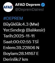 AFET VE ACİL DURUM YÖNETİMİ BAŞKANLIĞI (AFAD), BALIKESİR’DE 4.3 BÜYÜKLÜĞÜNDE DEPREM MEYDANA...