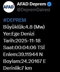 AFET VE ACİL DURUM YÖNETİMİ BAŞKANLIĞI (AFAD), EGE DENİZİ’NDE 4.8 BÜYÜKLÜĞÜNDE DEPREM MEYDANA...