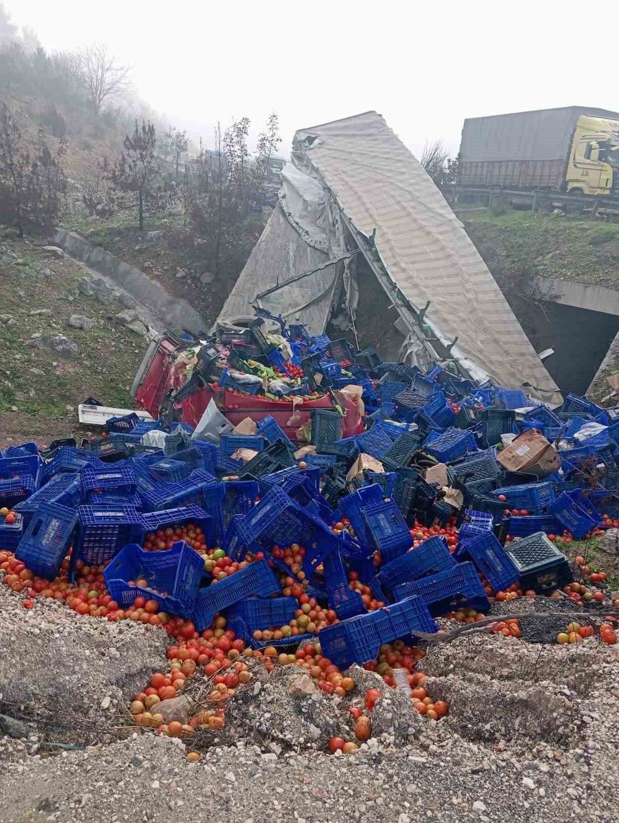 BİLECİK'TE KONTROLDEN ÇIKAN SEBZE YÜKLÜ TIRIN ŞARAMPOLE DEVRİLMESİ SONUCU GERÇEKLEŞEN TRAFİK...