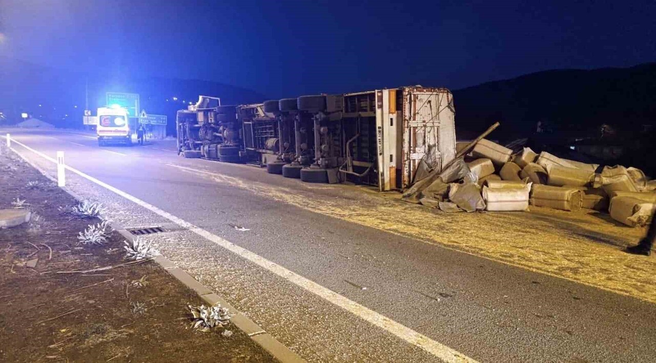 BİNGÖL’DE SAMAN YÜKLÜ KAMYON DEVRİLDİ