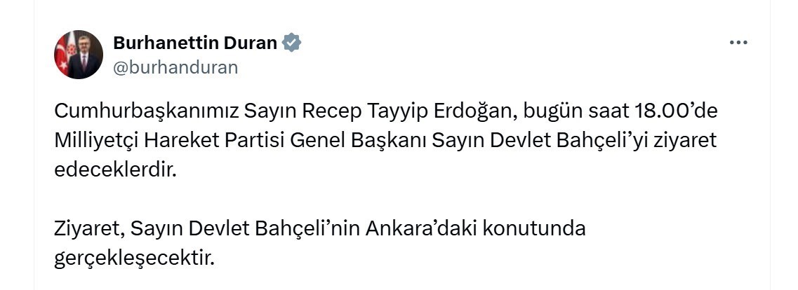 BURHANETTİN DURAN, SOSYAL MEDYA HESABINDAN PAYLAŞIM YAPTI
