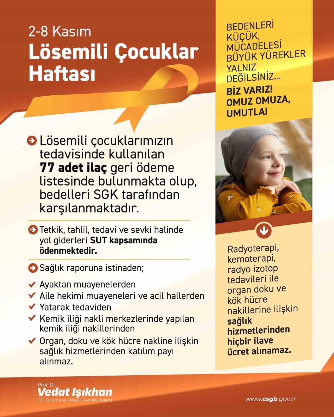 ÇALIŞMA VE SOSYAL GÜVENLİK BAKANI VEDAT IŞIKHAN, 2-8 KASIM LÖSEMİLİ ÇOCUKLAR HAFTASI İÇİN...