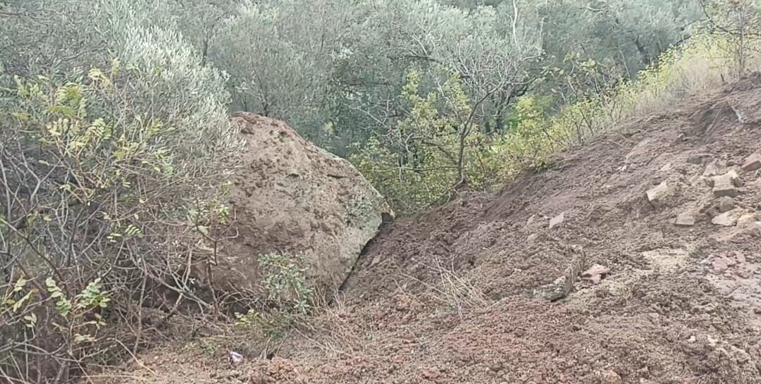 ÇANAKKALE'NİN AYVACIK İLÇESİNDE TEPEDEN YUVARLANAN KAYA PARÇASI TOPRAK KAYMASINA SEBEP OLDU.