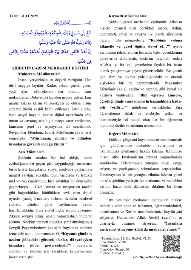 Diyanet 21 Kasım 2025 Cuma Hutbesini Yayımladı: 'Birlik, Beraberlik ve Kardeşlik' Teması