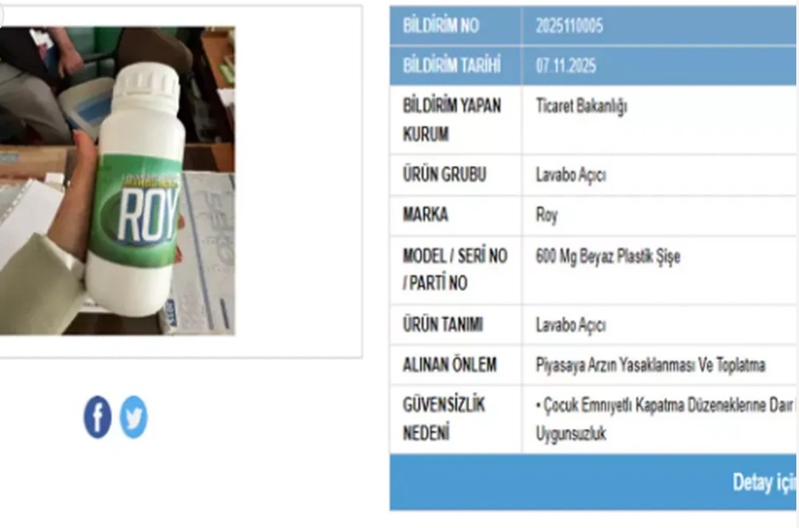 Ticaret Bakanlığı, Roy ve Meltem Lavabo Açıcılarını Toplattı: Çocuk Kilidi Güvenliği Nedeniyle Satışları Yasaklandı