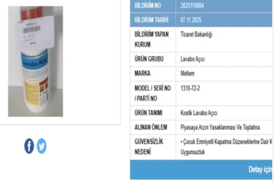 Ticaret Bakanlığı, Roy ve Meltem Lavabo Açıcılarını Toplattı: Çocuk Kilidi Güvenliği Nedeniyle Satışları Yasaklandı