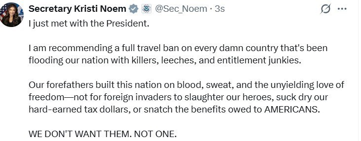 ABD İÇ GÜVENLİK BAKANI KRİSTİ NOEM’DEN ABD’YE SEYAHAT YASAĞI ÖNERİSİ